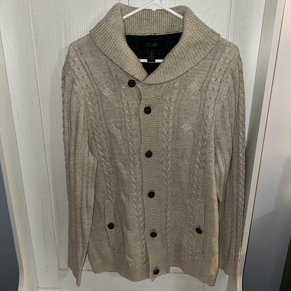 Tasso Elba Cardigan Sweater Wool‎ Blend Cable Knit Mock Neck Size Medium Beige
